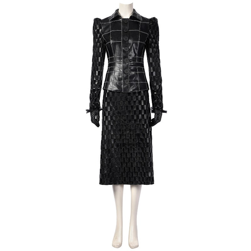 Cruella Deville Halloween Costume Women Dress Black Leather Jacket with Wig - Astricos