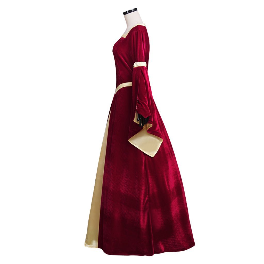 Custom Medieval Velvet Dark Red & Yellow Lined Trumpet Sleeves Dress | Elegant Wedding & Cosplay Costume-Astricos