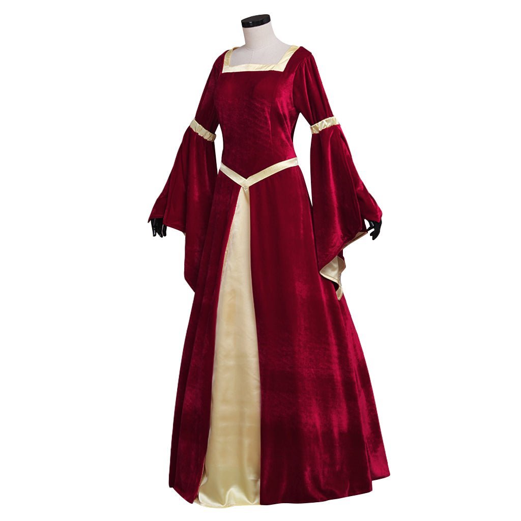 Custom Medieval Velvet Dark Red & Yellow Lined Trumpet Sleeves Dress | Elegant Wedding & Cosplay Costume-Astricos