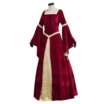 Custom Medieval Velvet Dark Red & Yellow Lined Trumpet Sleeves Dress | Elegant Wedding & Cosplay Costume-Astricos