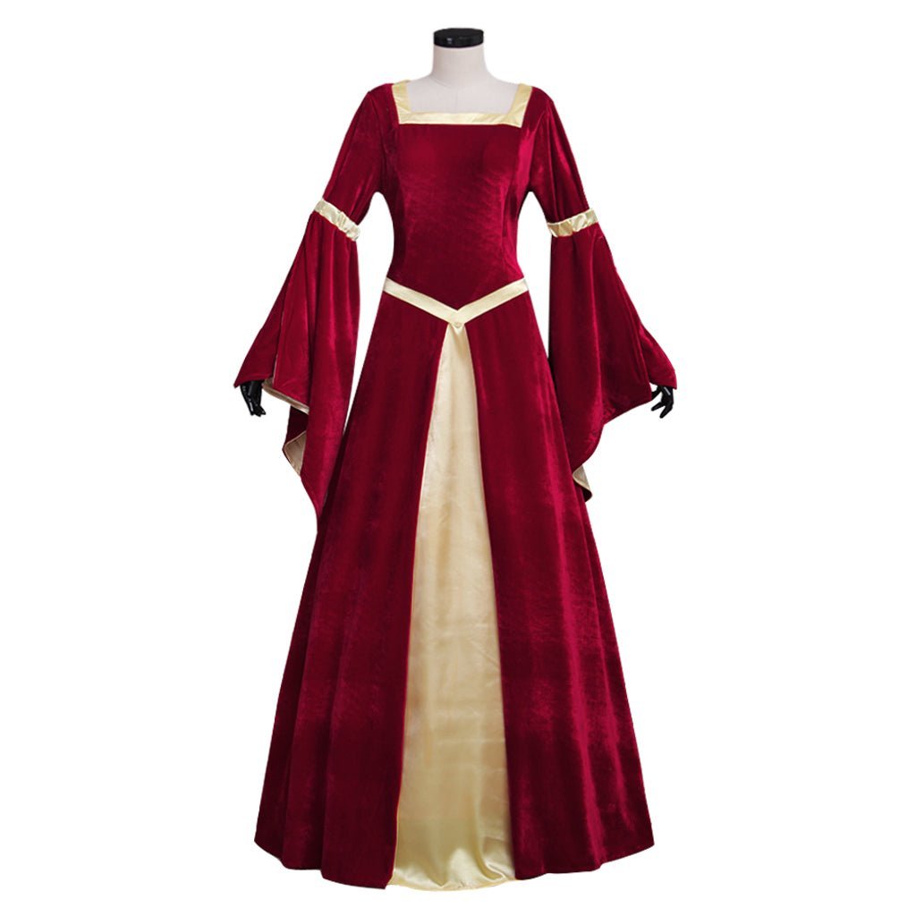 Custom Medieval Velvet Dark Red & Yellow Lined Trumpet Sleeves Dress | Elegant Wedding & Cosplay Costume-Astricos