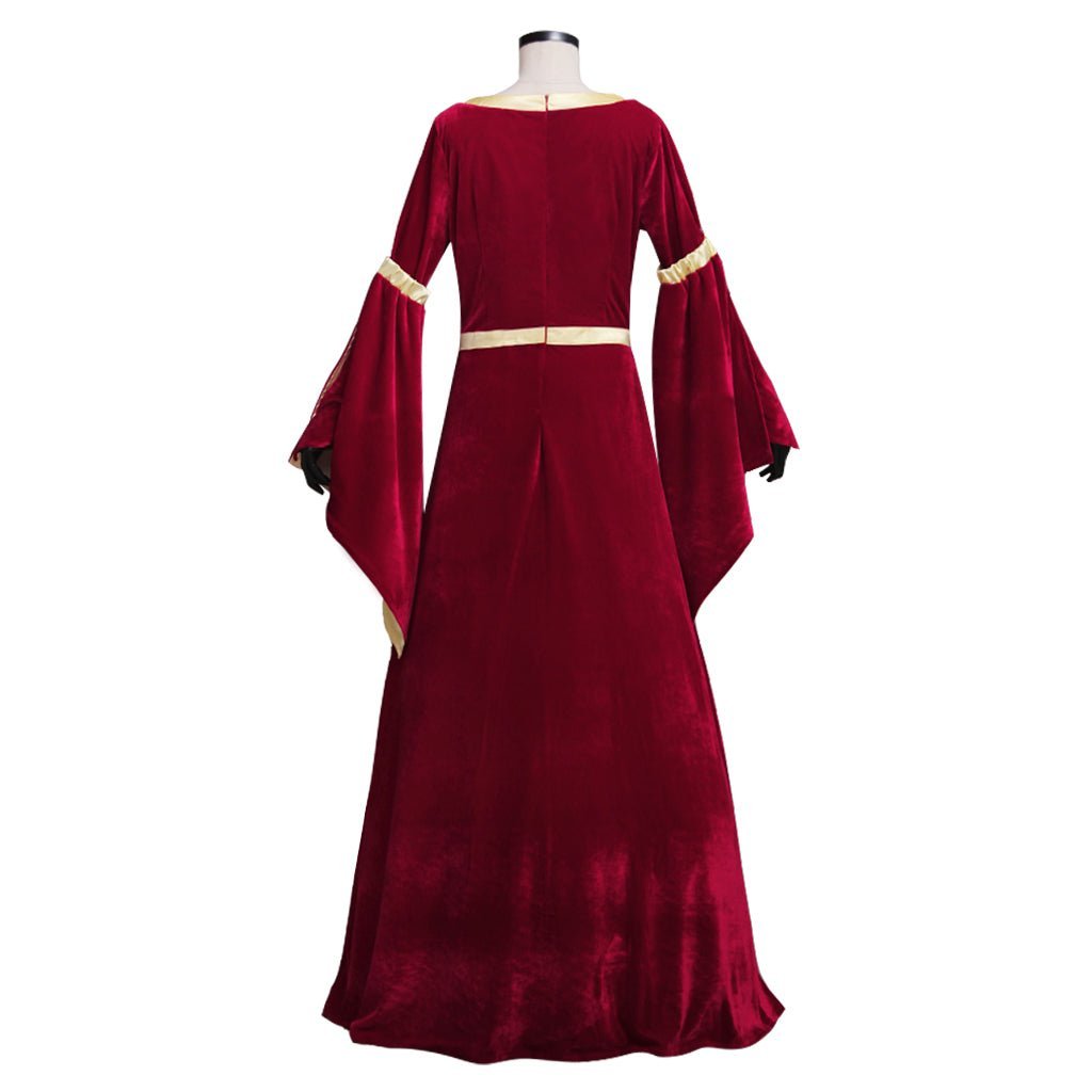 Custom Medieval Velvet Dark Red & Yellow Lined Trumpet Sleeves Dress | Elegant Wedding & Cosplay Costume-Astricos