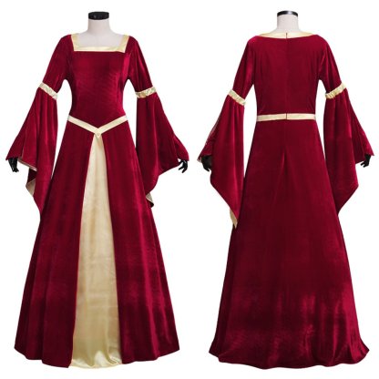 Custom Medieval Velvet Dark Red & Yellow Lined Trumpet Sleeves Dress | Elegant Wedding & Cosplay Costume-Astricos