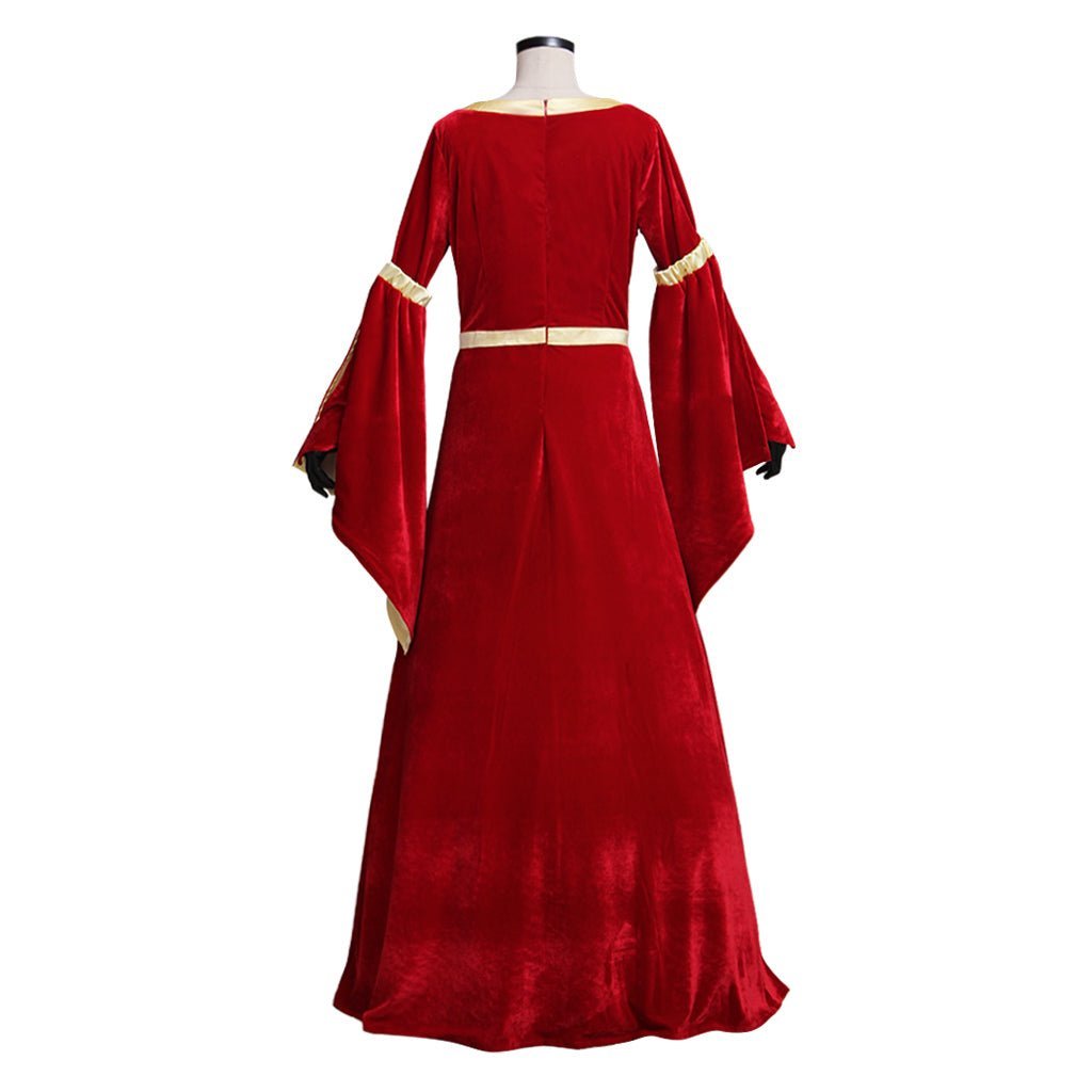 Custom Medieval Velvet Red & Yellow Trumpet Sleeves Dress for Wedding & Fancy Party | Astricos-Astricos