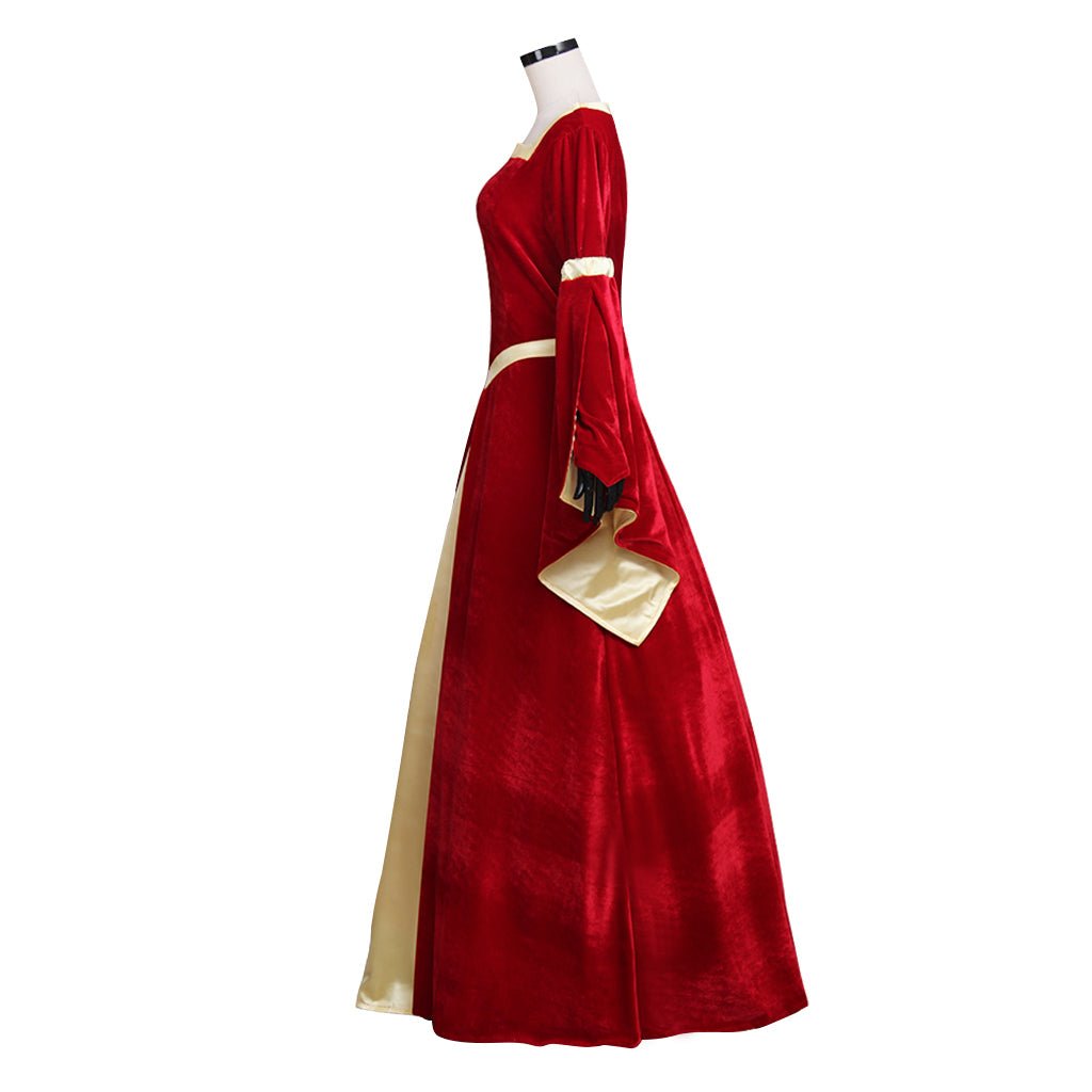 Custom Medieval Velvet Red & Yellow Trumpet Sleeves Dress for Wedding & Fancy Party | Astricos-Astricos