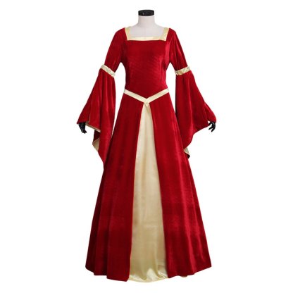 Custom Medieval Velvet Red & Yellow Trumpet Sleeves Dress for Wedding & Fancy Party | Astricos-Astricos