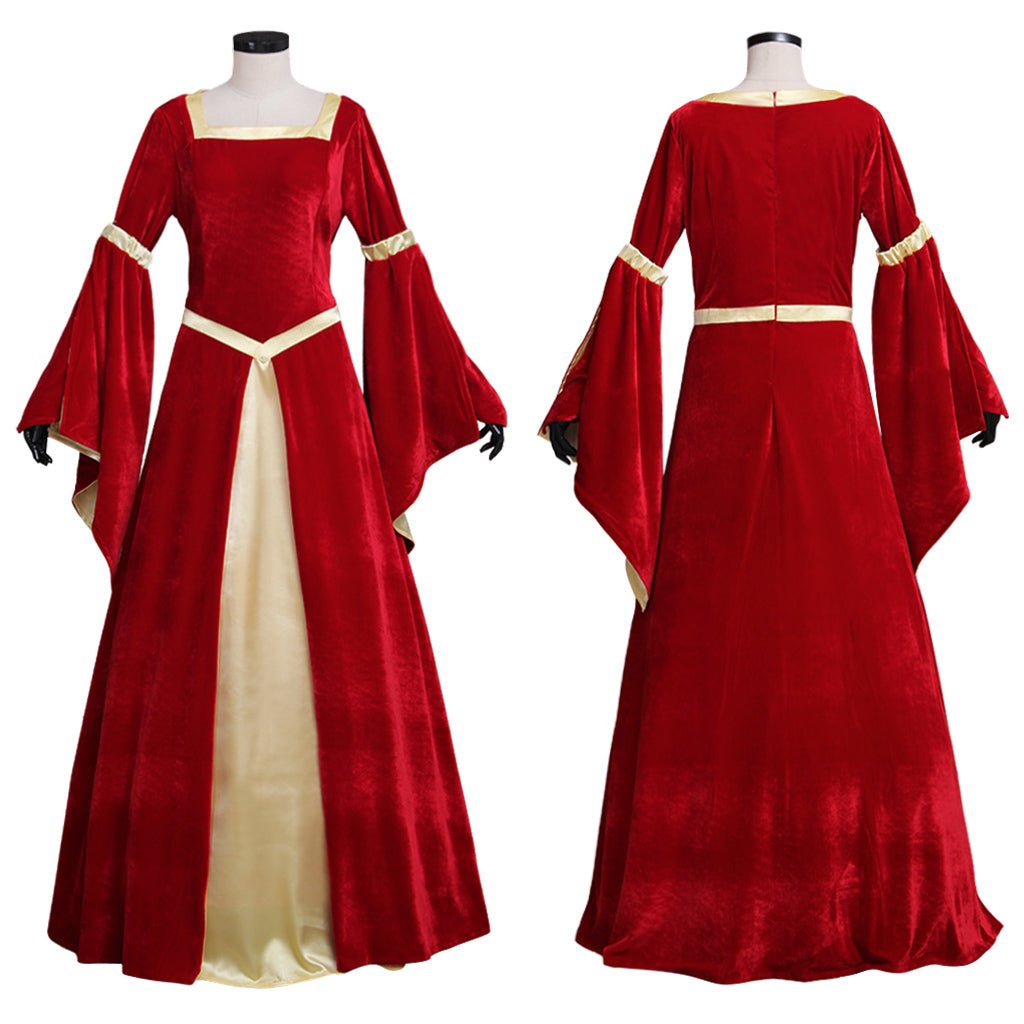 Custom Medieval Velvet Red & Yellow Trumpet Sleeves Dress for Wedding & Fancy Party | Astricos-Astricos