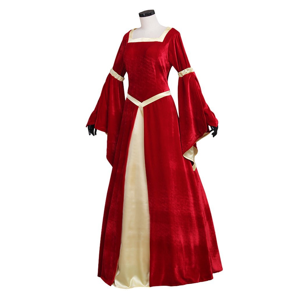 Custom Medieval Velvet Red & Yellow Trumpet Sleeves Dress for Wedding & Fancy Party | Astricos-Astricos