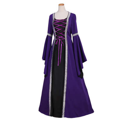 Gothic Victorian Purple Cosplay Dress with Long Trumpet Sleeves - Elegant Medieval Ball Gown-Astricos
