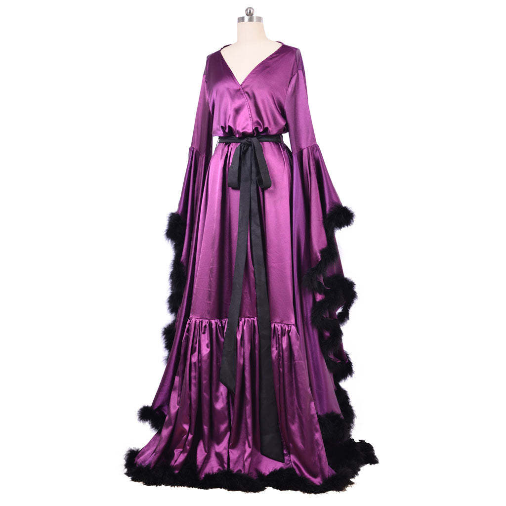 Medieval Ladies Robe Pajamas - Vintage Wedding Long Bridal Boudoir Robe in Purple Luxury Evening Dress-Astricos