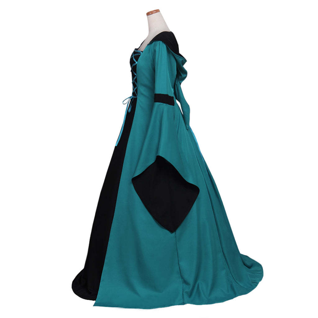 Elegant Women's Vintage Medieval Costume - Renaissance Victorian Square Neck Flare Sleeve Lace Patchwork Hooded Gown-Astricos