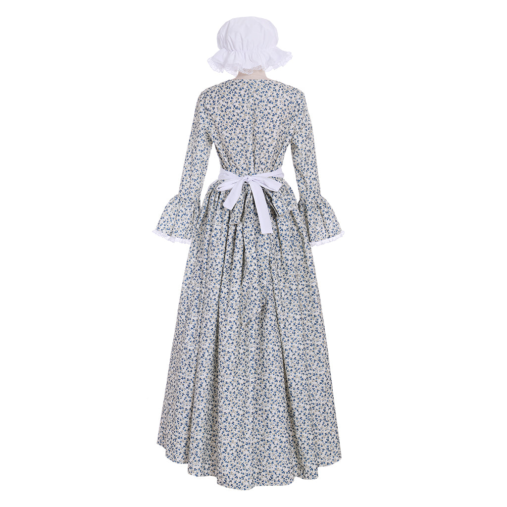 Victorian Pioneer Pilgrim Wench Floral Prairie Dress - Women's Countryside Colonial Lolita Costume-Astricos