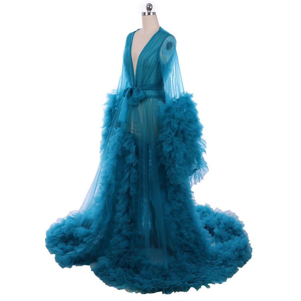 18th Century Medieval Blue Sheer Tulle Elegant Wedding Bridal Boudoir Robe | Astricos-Astricos