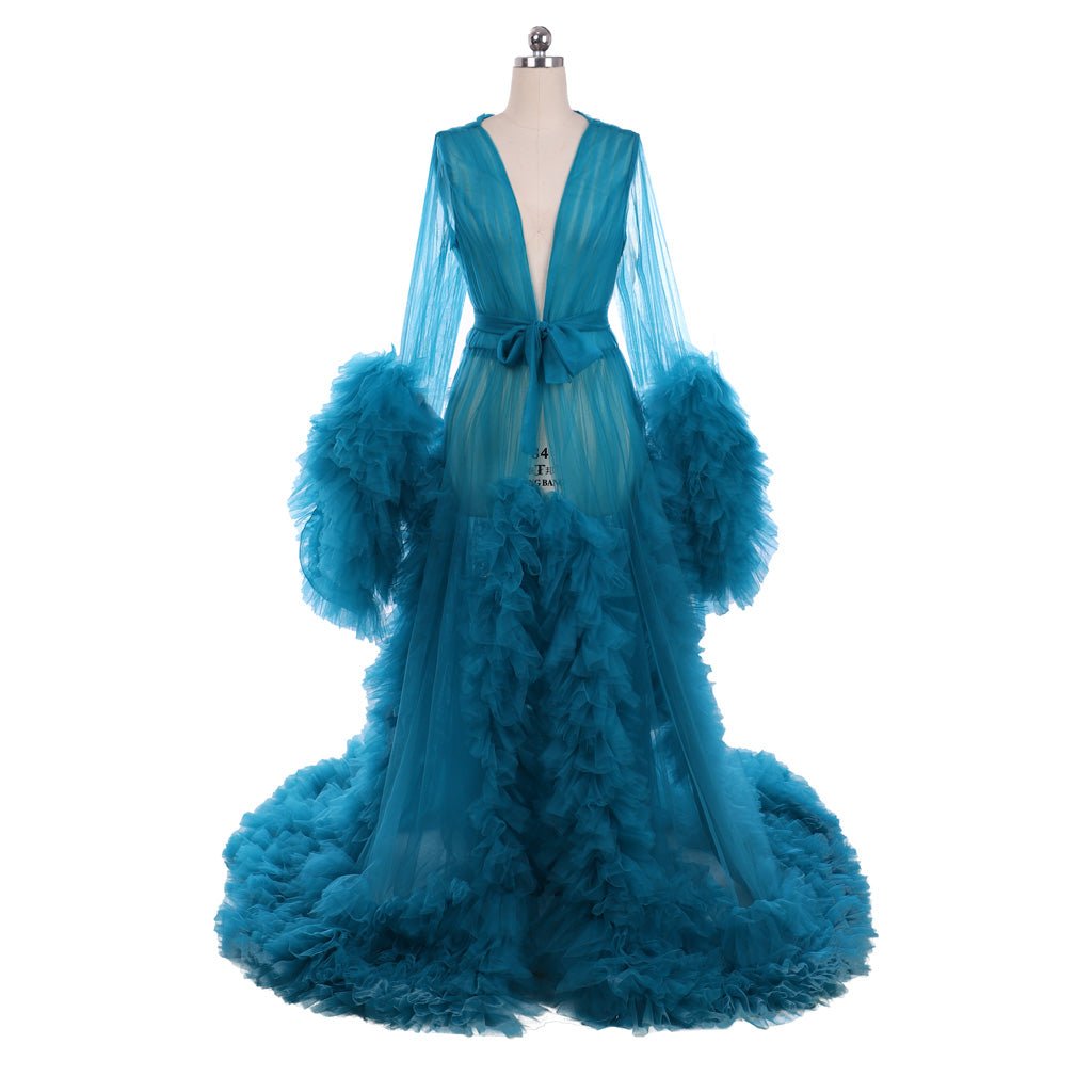 18th Century Medieval Blue Sheer Tulle Elegant Wedding Bridal Boudoir Robe | Astricos-Astricos
