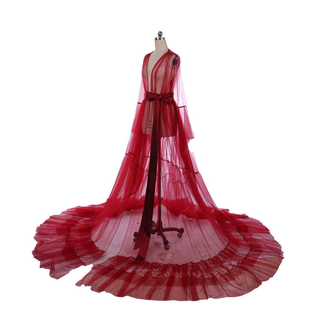 18th Century Medieval Red Mesh Bridal Boudoir Robe - Elegant Cosplay Costume-Astricos