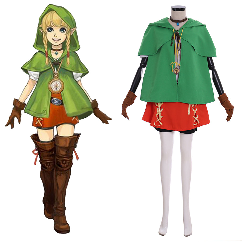 Linkle Cosplay Elf Costume Full Set - Green Cloak, Shirt, Pants, Skirt | Astricos-Astricos