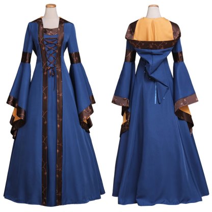 Gothic Cosplay Medieval Dress for Women - Flare Sleeve Hooded Vintage Lace Up High Waist Europ Costume-Astricos