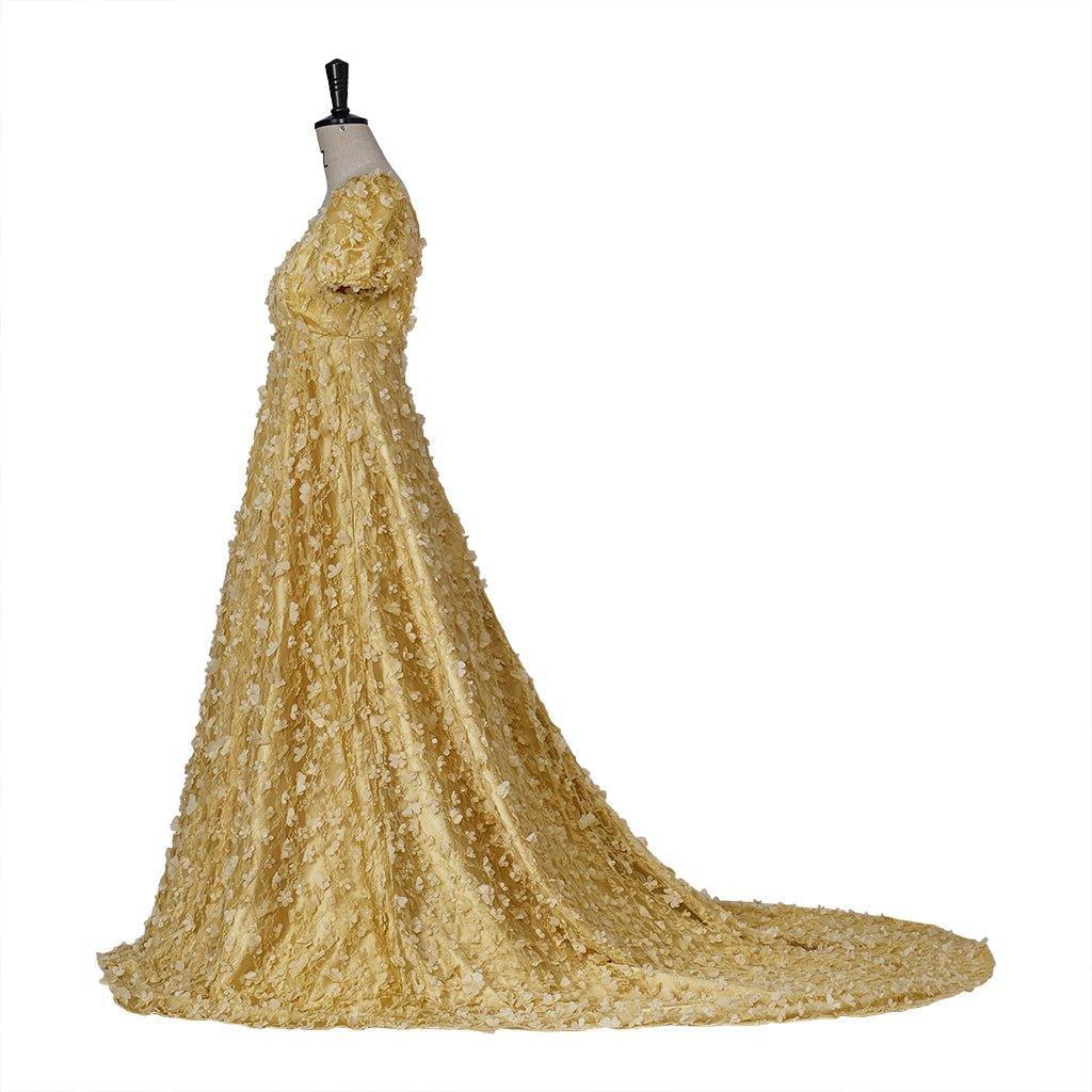 Gold Patterned Silk Empire Gown - Bridgerton Cosplay & Regency Halloween Dress-Astricos