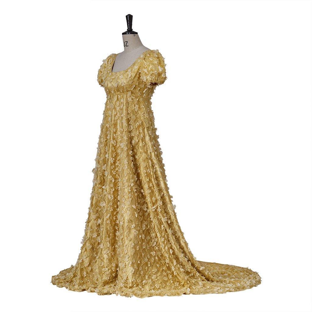 Gold Patterned Silk Empire Gown - Bridgerton Cosplay & Regency Halloween Dress-Astricos