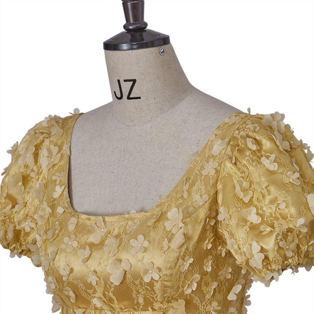 Gold Patterned Silk Empire Gown - Bridgerton Cosplay & Regency Halloween Dress-Astricos