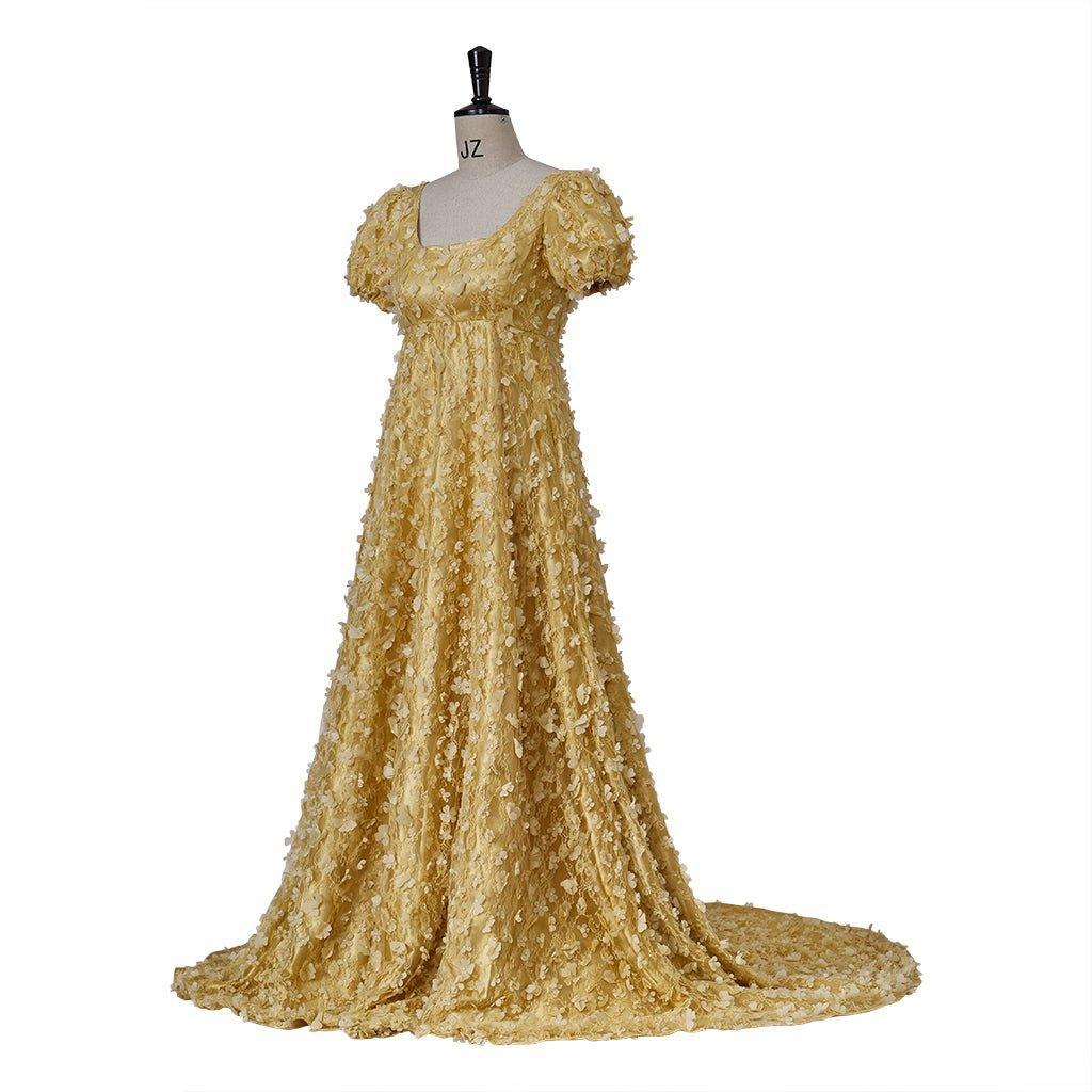 Gold Patterned Silk Empire Gown - Bridgerton Cosplay & Regency Halloween Dress-Astricos