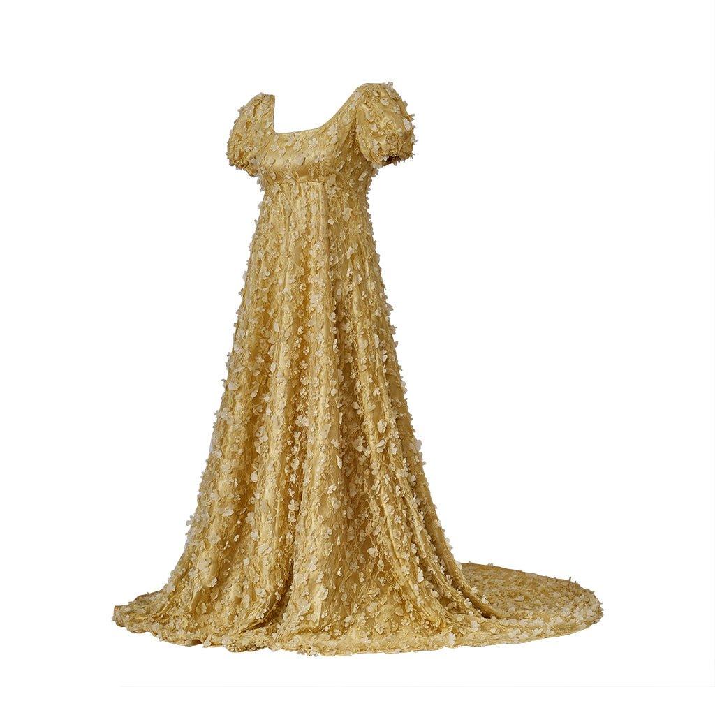 Gold Patterned Silk Empire Gown - Bridgerton Cosplay & Regency Halloween Dress-Astricos