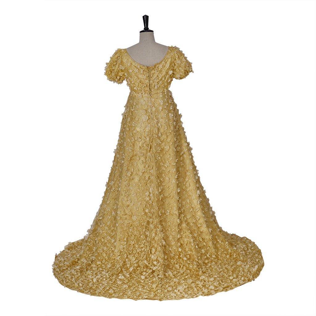 Gold Patterned Silk Empire Gown - Bridgerton Cosplay & Regency Halloween Dress-Astricos