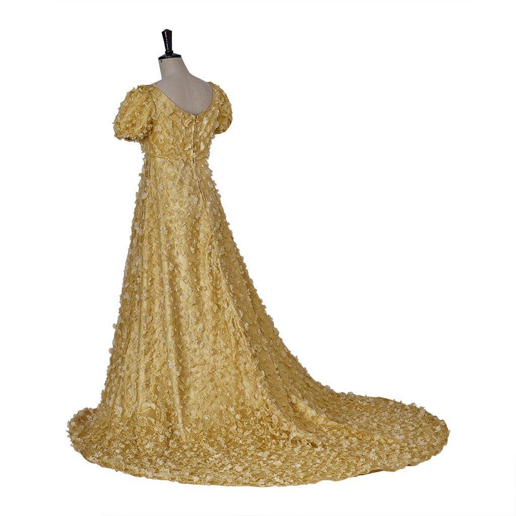 Gold Patterned Silk Empire Gown - Bridgerton Cosplay & Regency Halloween Dress-Astricos