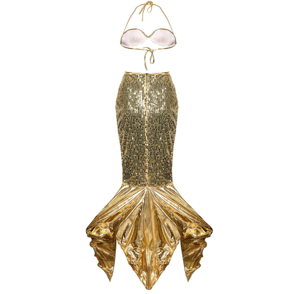 Golden Mermaid Theme Sexy Sequin Costume – Shell Bra and High - Slit Mermaid Tail Skirt Set - Astricos
