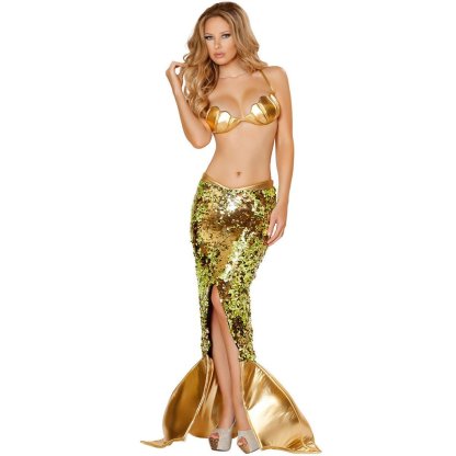 Golden Mermaid Theme Sexy Sequin Costume – Shell Bra and High - Slit Mermaid Tail Skirt Set - Astricos