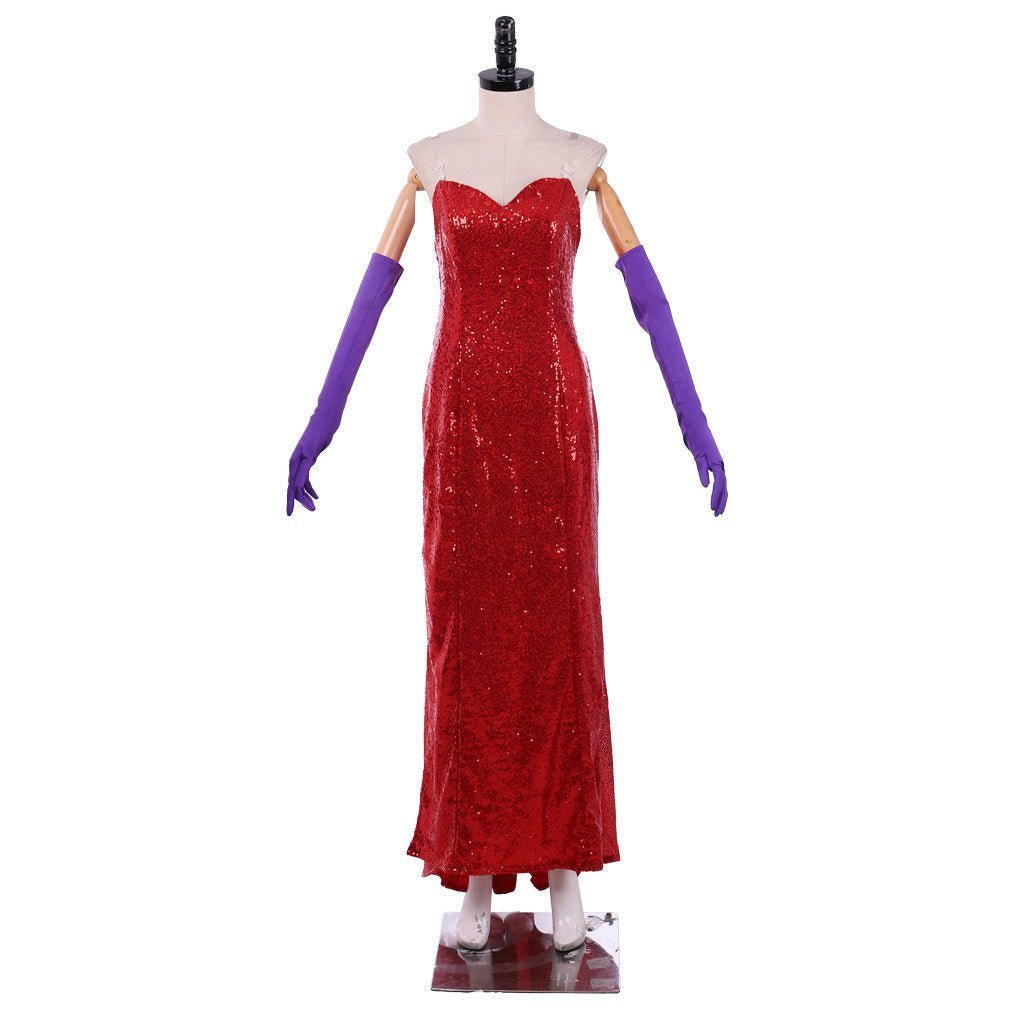 Jessica Rabbit Sexy Red Sequined Cosplay Dress with High Split & Purple Gloves | Astricos-Astricos