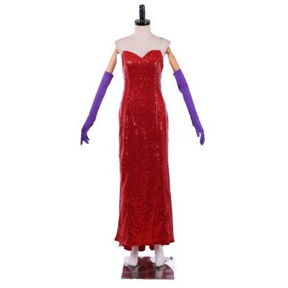 Jessica Rabbit Sexy Red Sequined Cosplay Dress with High Split & Purple Gloves | Astricos-Astricos