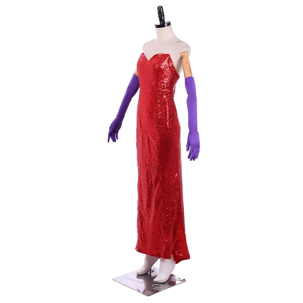 Jessica Rabbit Sexy Red Sequined Cosplay Dress with High Split & Purple Gloves | Astricos-Astricos