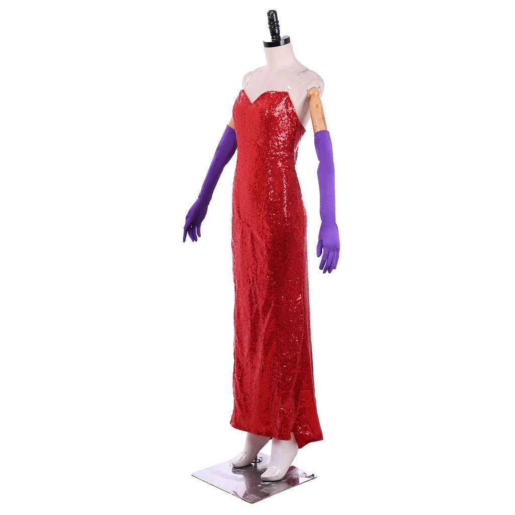 Jessica Rabbit Sexy Red Sequined Cosplay Dress with High Split & Purple Gloves | Astricos-Astricos