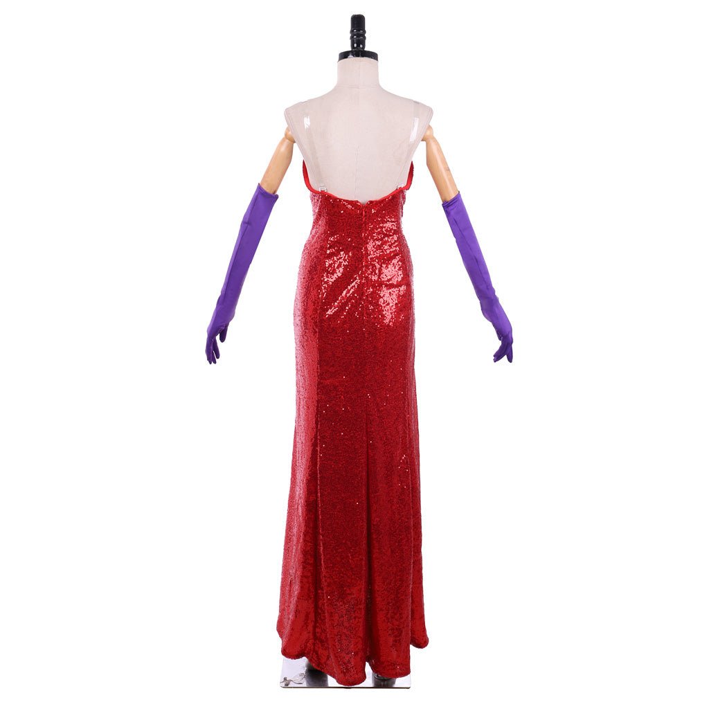 Jessica Rabbit Sexy Red Sequined Cosplay Dress with High Split & Purple Gloves | Astricos-Astricos