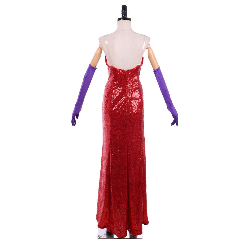 Jessica Rabbit Sexy Red Sequined Cosplay Dress with High Split & Purple Gloves | Astricos-Astricos