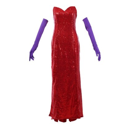 Jessica Rabbit Sexy Red Sequined Cosplay Dress with High Split & Purple Gloves | Astricos-Astricos