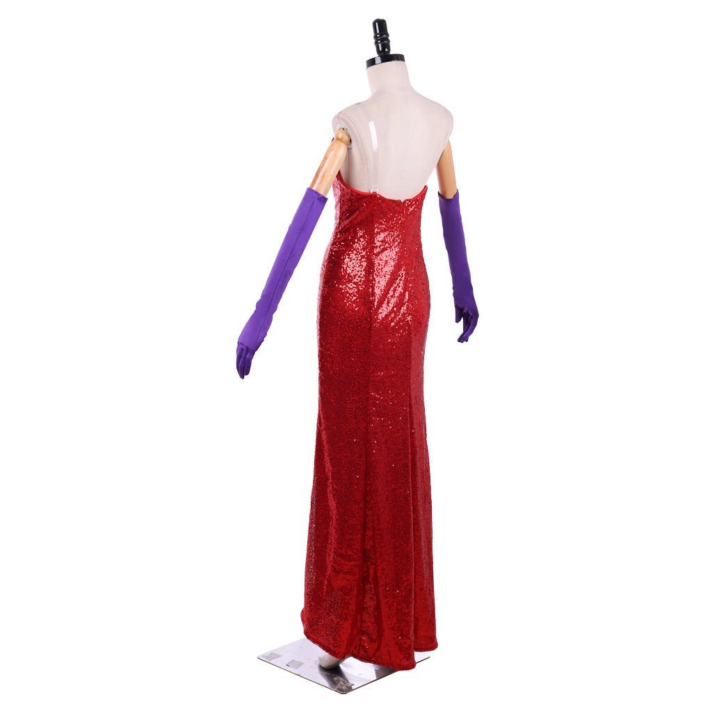 Jessica Rabbit Sexy Red Sequined Cosplay Dress with High Split & Purple Gloves | Astricos-Astricos