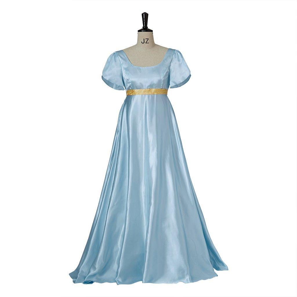Light Blue Medieval Regency Gown with Gold Waistband - Bridgerton Cosplay Costume-Astricos