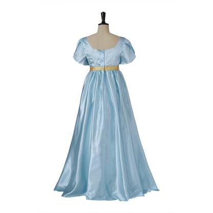 Light Blue Medieval Regency Gown with Gold Waistband - Bridgerton Cosplay Costume-Astricos