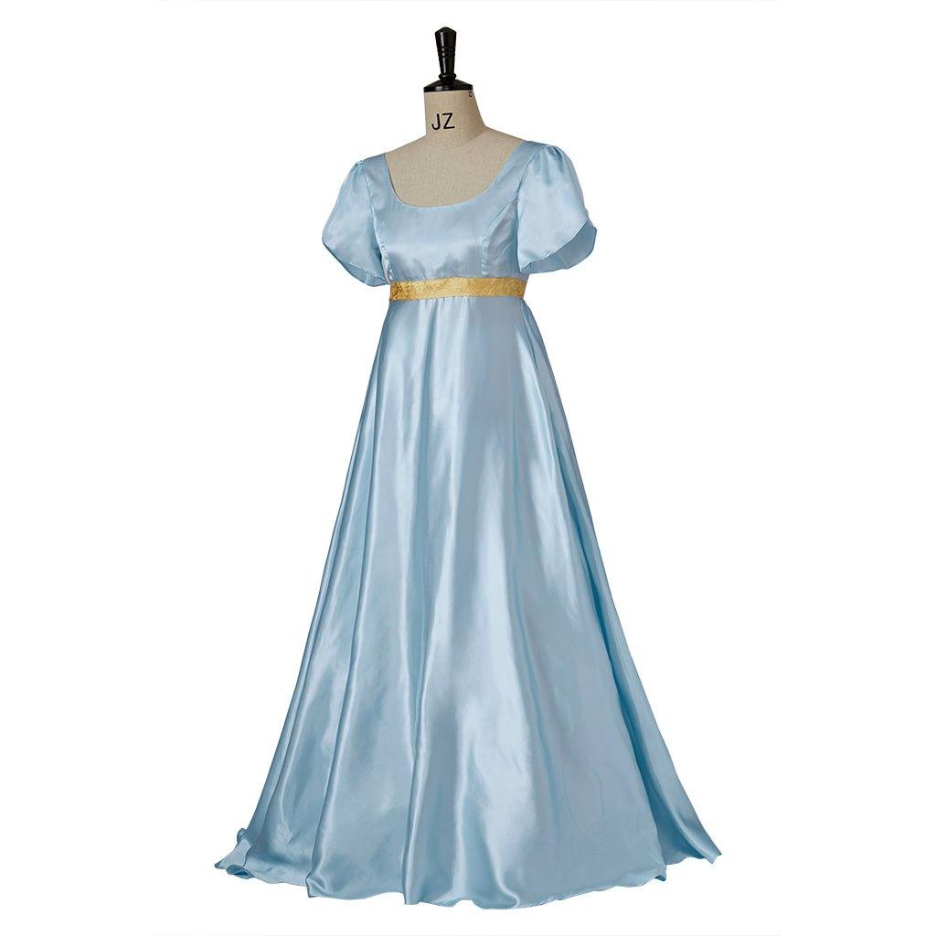 Light Blue Medieval Regency Gown with Gold Waistband - Bridgerton Cosplay Costume-Astricos