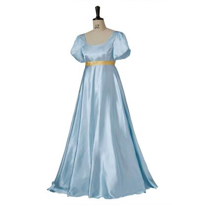 Light Blue Medieval Regency Gown with Gold Waistband - Bridgerton Cosplay Costume-Astricos