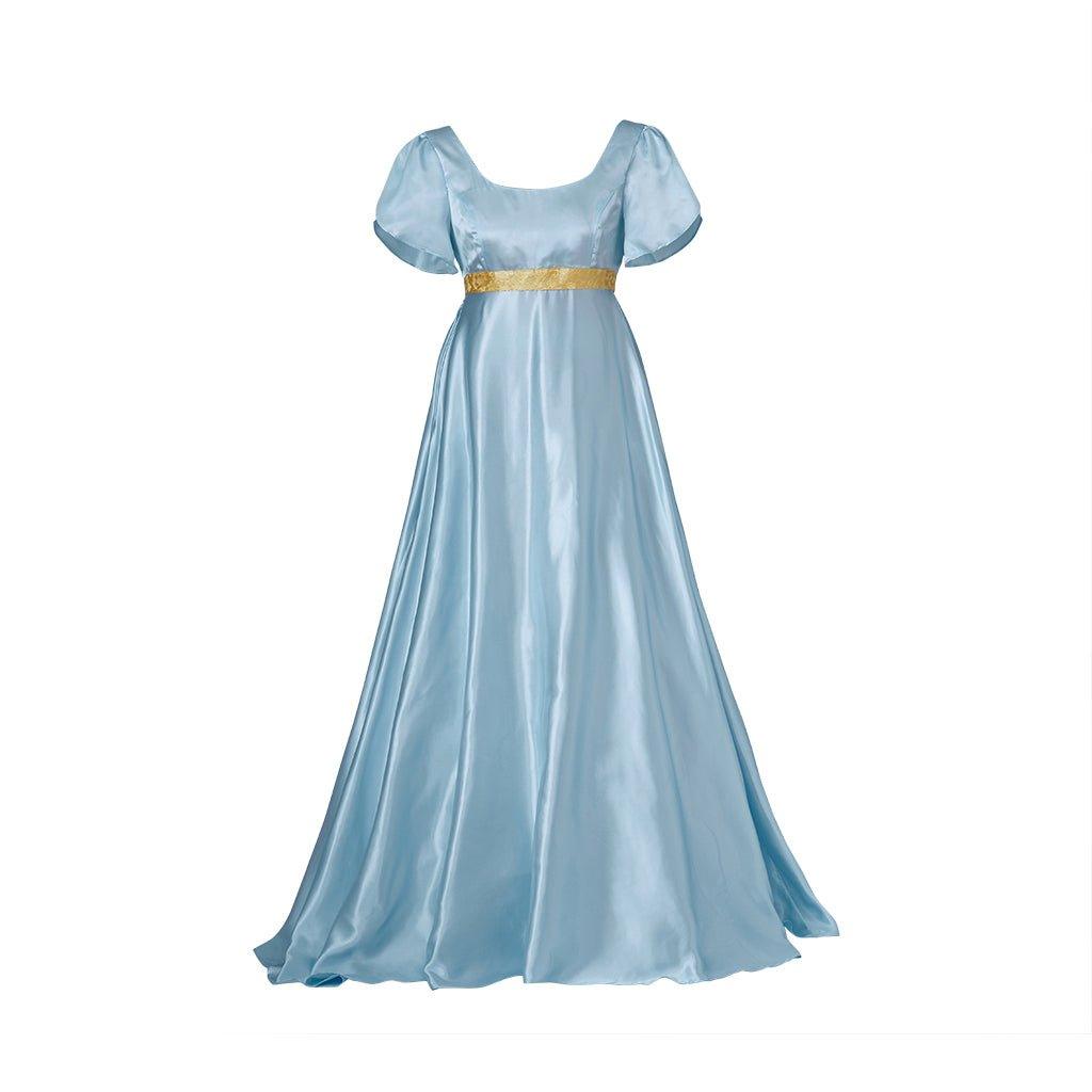 Light Blue Medieval Regency Gown with Gold Waistband - Bridgerton Cosplay Costume-Astricos