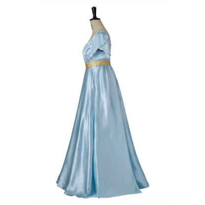 Light Blue Medieval Regency Gown with Gold Waistband - Bridgerton Cosplay Costume-Astricos