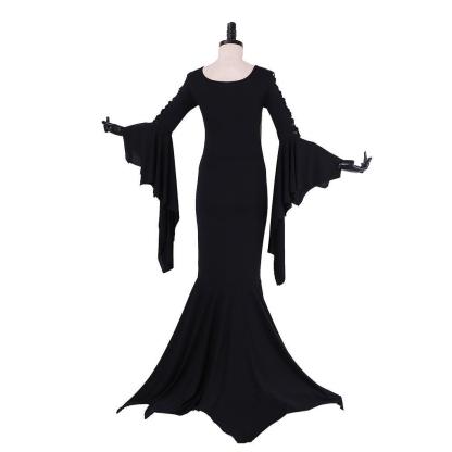 Morticia Addams Gothic Vintage Floor-Length Cosplay Dress for Halloween | Astricos-Astricos