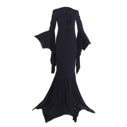Morticia Addams Gothic Vintage Floor-Length Cosplay Dress for Halloween | Astricos-Astricos