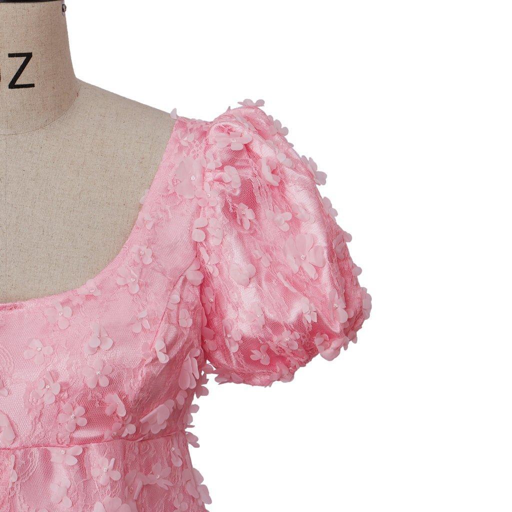Pink Patterned Silk Satin Empire Gown - Medieval Regency Dress for Bridgerton Cosplay & Halloween-Astricos