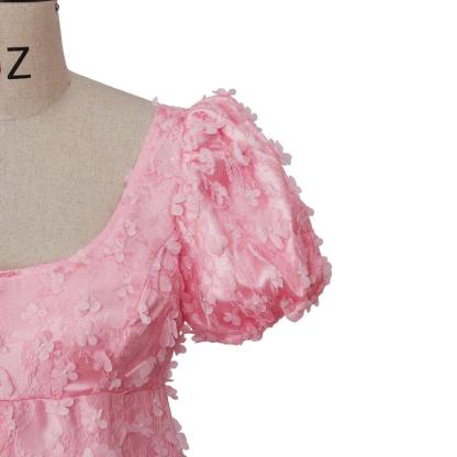 Pink Patterned Silk Satin Empire Gown - Medieval Regency Dress for Bridgerton Cosplay & Halloween-Astricos