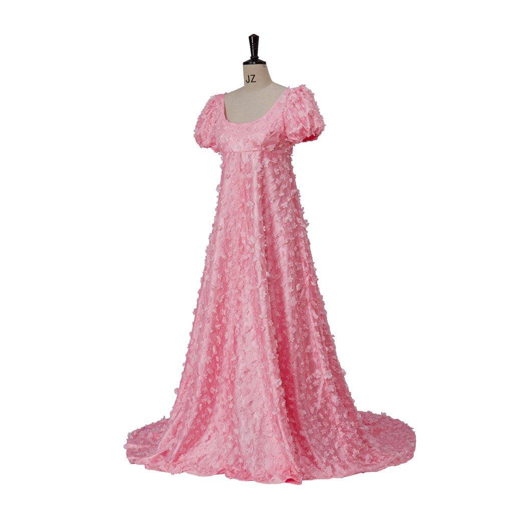Pink Patterned Silk Satin Empire Gown - Medieval Regency Dress for Bridgerton Cosplay & Halloween-Astricos