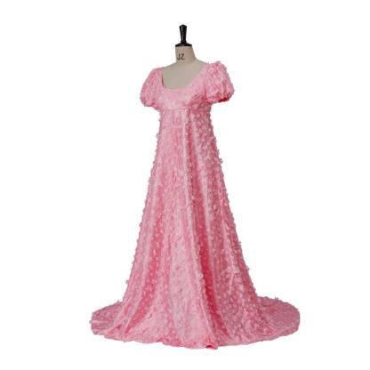 Pink Patterned Silk Satin Empire Gown - Medieval Regency Dress for Bridgerton Cosplay & Halloween-Astricos